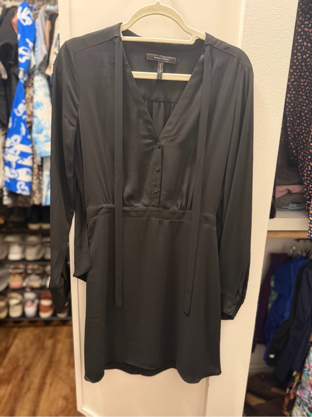 BCBGMaxAzria Black Long-Sleeve Tie-Neck Mini Dress